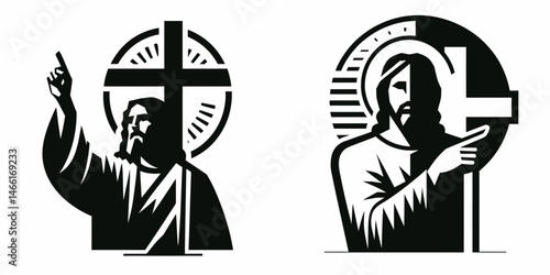 The Jesus Pointing to Cross. Christian Art Nativity Crucifix Divine Salvation. Savior directing toward redemption symbol christianity hope design element.