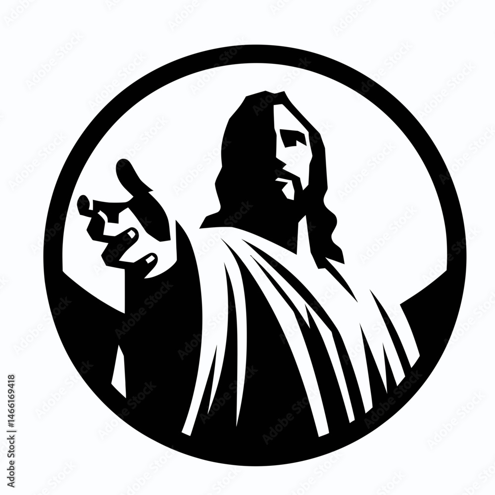 Fototapeta premium The Jesus Reaching Out Hand. Christian Art Nativity Crucifix Divine Salvation. Saviors extending palm grace aid charity rescue hopes promise.