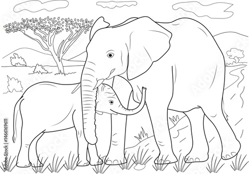 Elephant Family Line Art for Coloring, Black and white line drawing illustration of an adult elephant and a baby elephant standing together in a savanna landscape. Ideal for coloring books, 
