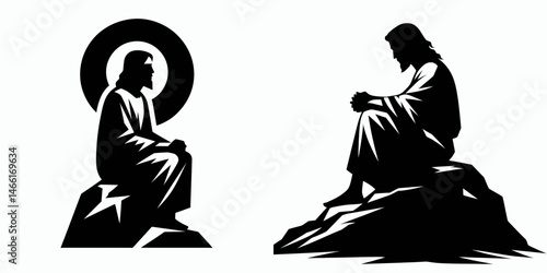 The Jesus Sitting on a Rock. Christian Art Nativity Crucifix Divine Salvation. figure resting upon stone holy icon christianity faith concept.