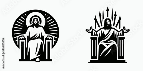 The Jesus Sitting on Throne. Christian Art Nativity Crucifix Divine Salvation. redeemer enthroned majesty authority and celestial power portrayal.