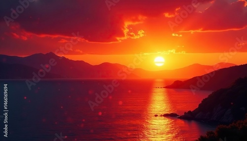 Crimson sunset bleeds into fiery orange, yellow, and gold , fiery, autumn