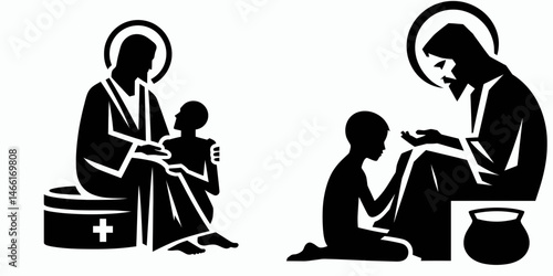 The Jesus Sitting with Poor. Christian Art Nativity Crucifix Divine Salvation. Deity amongst impoverished compassion empathy human welfare.