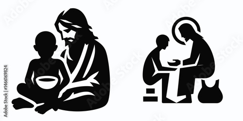 The Jesus Sitting with Poor. Christian Art Nativity Crucifix Divine Salvation. Divinity among needy compassion doctrine charity impoverished folk.