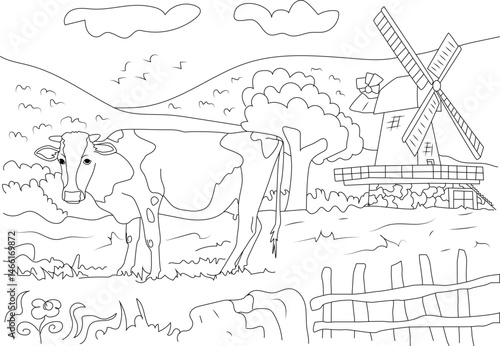 Coloring Page of Cow in Field with Windmill, Black and white line art drawing of a cow standing in a grassy field with a tree, fence, and windmill in the background. Ideal for coloring books or 