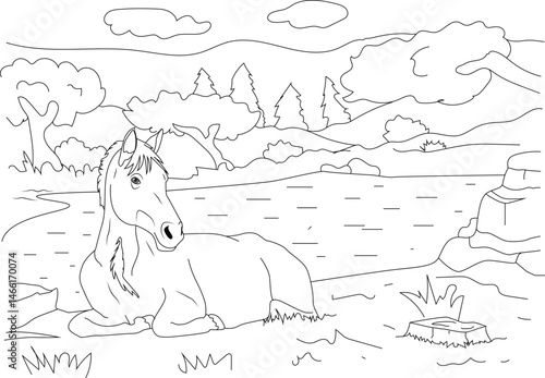 Line Art: Horse Resting at Riverside, A black and white line drawing of a horse lying down and resting near a riverbank with trees and hills in the background. Suitable for coloring. 