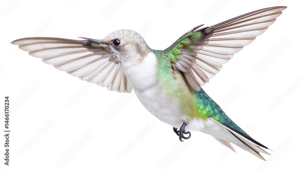 Fototapeta premium Vibrant green hummingbird in mid-flight with outstretched wings isolated on white background for marketing campaigns, advertising, and branding materials with copy space for text