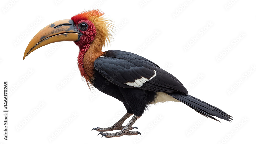 Fototapeta premium Vibrant Southern Ground Hornbill bird standing isolated on white background for wildlife marketing campaigns, eco-tourism advertising, and conservation storytelling with copy space for text