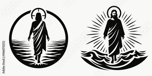The Jesus Walking on Water. Christian Art Nativity Crucifix Divine Salvation. messiahs unbelievable aquatic miracle journey sea.