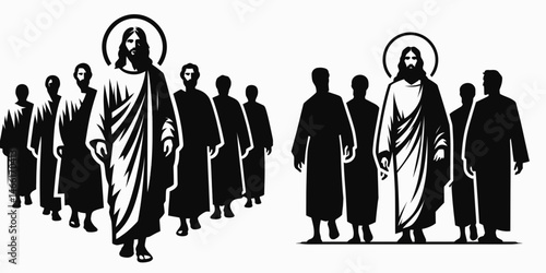 The Jesus Walking with Disciples. Christian Art Nativity Crucifix Divine Salvation. Messiah strolling alongside pupils a journey of faith learning devotion.