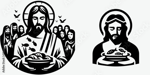 The Jesus with Loaves and Fishes. Christian Art Nativity Crucifix Divine Salvation. provider sharing fare multiplying bread piscatorial bounty concept.