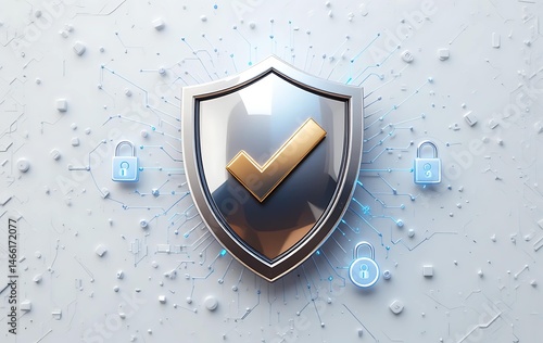 Protection shield with check mark on white background. 3d illustration