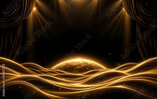 Abstract dark background with golden lights and planet earth. Vector illustration.