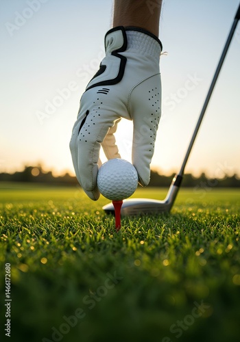 Golfer Wearing a White Glove Carefully Placing a Golf Ball on a Tee Before Swing.
