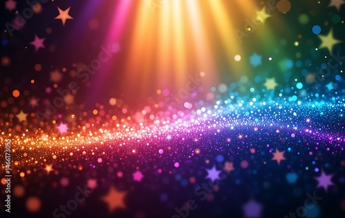 abstract colorful background with glowing particles and bokeh effect.