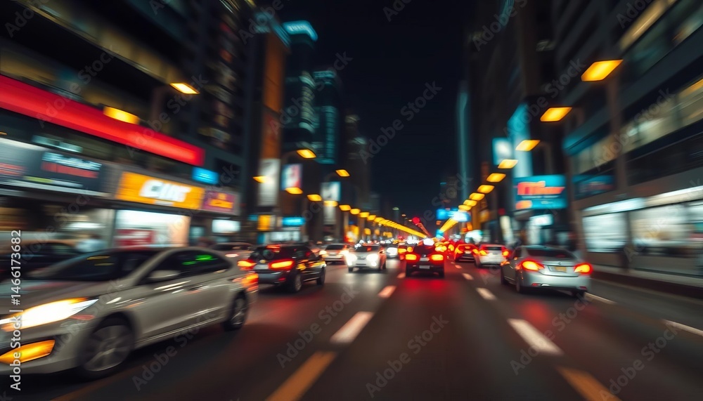 Fototapeta premium Blurred city lights, fast moving vehicles, abstract shapes, dynamic energy, speed, strategy