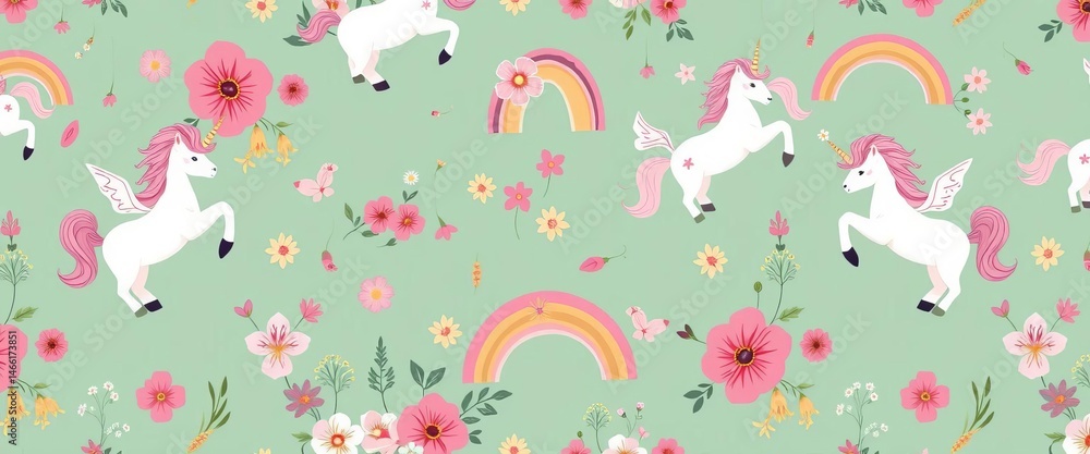 Boho seamless pattern featuring cute unicorns, flowers, and rainbows, graphic, seamless Boho seamless pattern featuring cute unicorns, flowers, and rainbows, graphic, seamless