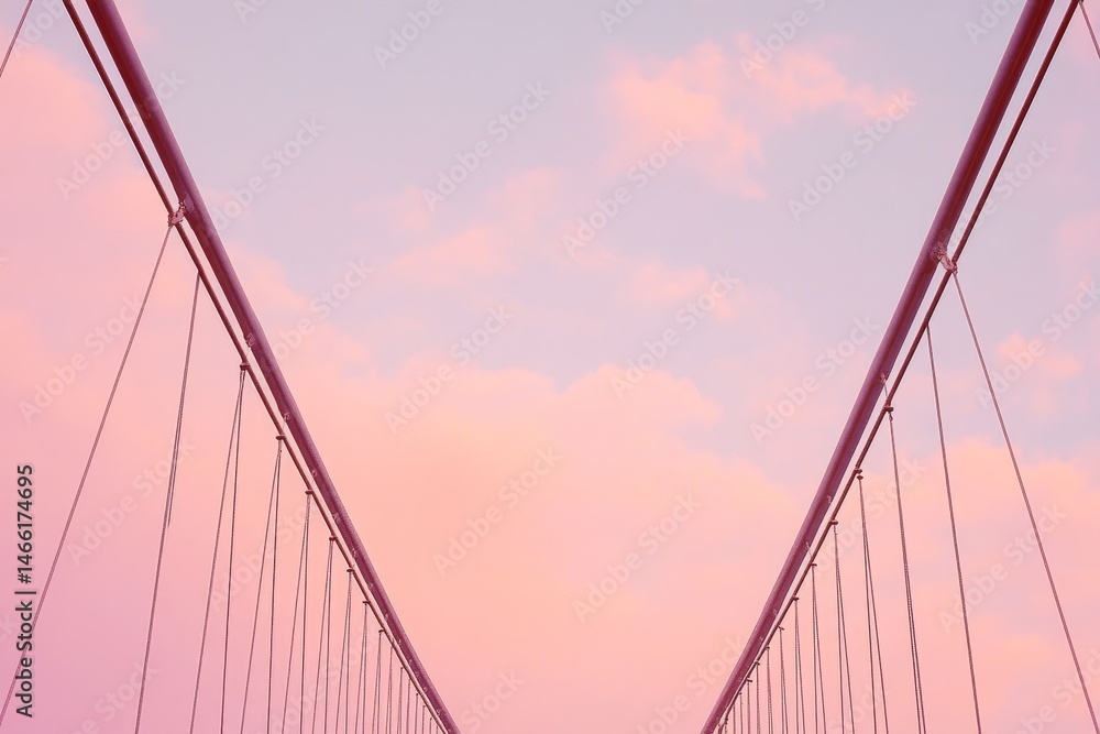 Fototapeta premium Pastel pink suspension bridge view under a soft sky.