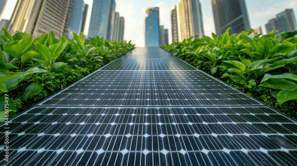 Fototapeta premium Solar Panels Among Green Plants in Urban Setting Under Sky with Skyscrapers in Background