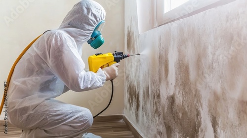 Mold remediation specialist cleaning a wall