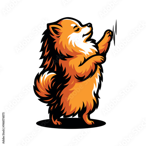 Stylized orange fluffy dog standing on hind legs, playfully reaching with one paw.