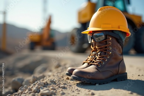 Hard hat, safety glasses, work boots on construction site, manufacturing, risk