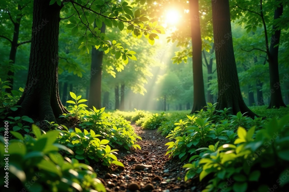 Obraz premium Sun-dappled forest floor, lush green undergrowth, light, green