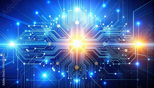 Futuristic circuit board technology with glowing digital connections and binary network illustration