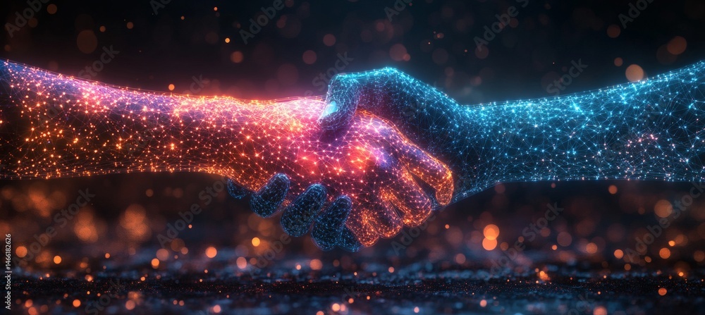 Two hands shaking in the shape of an abstract digital network design, symbolizing collaboration and business, against a blue background with geometric patterns,