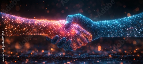 Obraz na płótnie Two hands shaking in the shape of an abstract digital network design, symbolizing collaboration and business, against a blue background with geometric patterns,
w salonie
