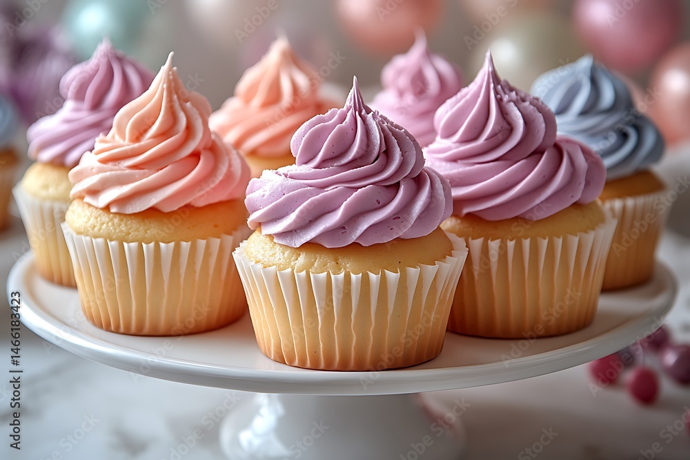 Delicious pastel cupcakes with swirled frosting presented on a white cake stand for celebrations Delicious pastel cupcakes with swirled frosting presented on a white cake stand for celebrations