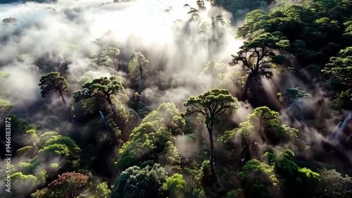 Drone Ascent Through Foggy Forest Revealing Tree Canopy and Diffused Morning Light in Dreamlike Aerial Scene