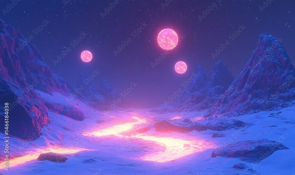 Naklejka premium dramatic alien landscape where explorers navigate glowing terrain under the light of three moons, Generative AI
