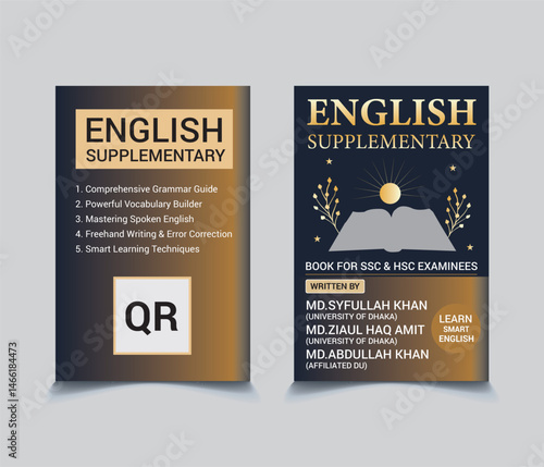 Modern Educational Book Cover with Open Book and Sun Illustration – English Study Guide