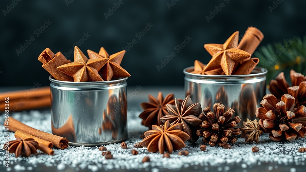 Aromatic star anise and cinnamon sticks in small metal containers sit on a snowy surface with pine cones and sprigs for a festive winter scene. Aromatic star anise and cinnamon sticks in small metal containers sit on a snowy surface with pine cones and sprigs for a festive winter scene.