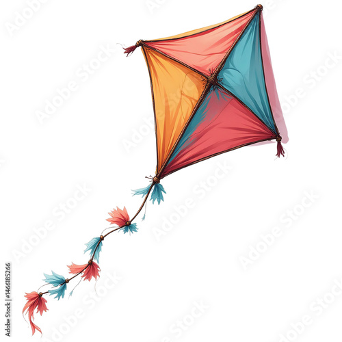 Vibrant colorful kite flying high with decorative tail streamers isolated on white background for marketing campaign, website hero image, or UI mockup with copy space for text