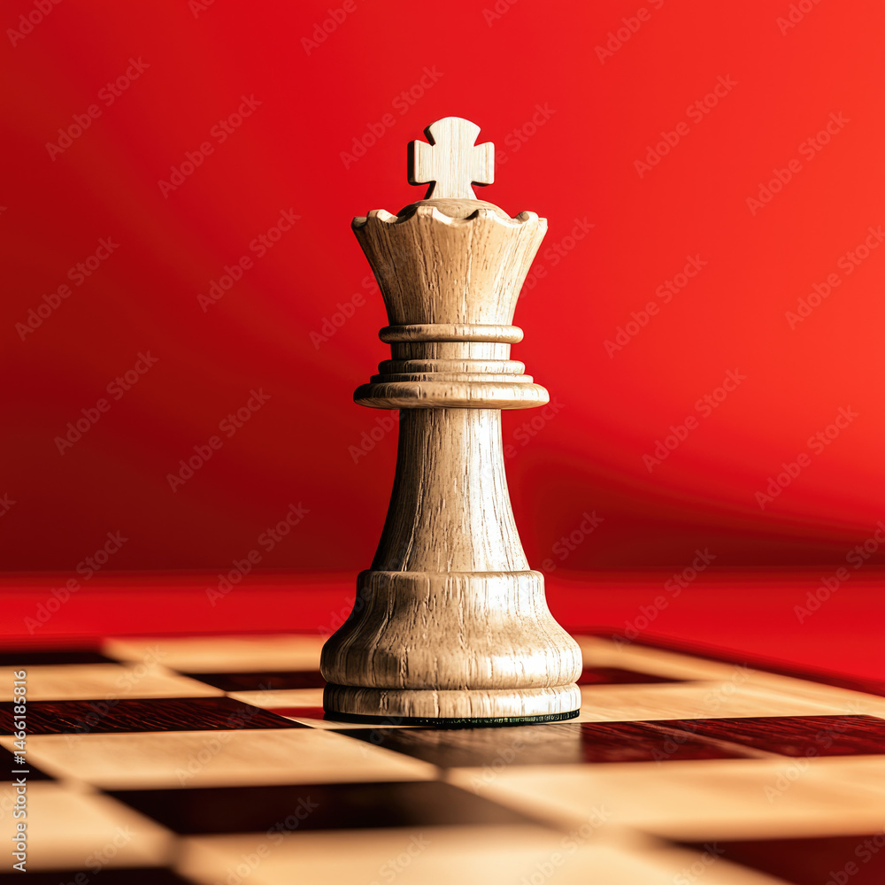 Closeup of wooden chess queen piece on chessboard with vibrant red background, symbolizing strategy, focus, and competition in dramatic setting