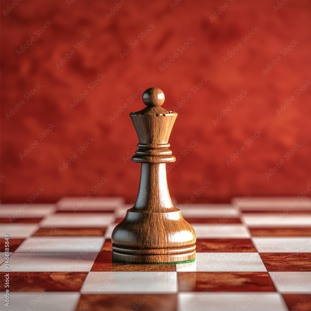 Wooden chess piece queen stands on chessboard with red textured background, symbolizing strategy, focus, and competition in classic board game setting