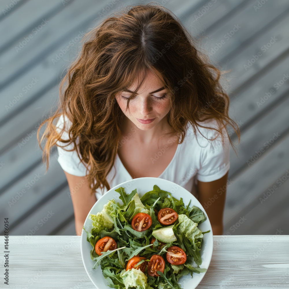 Young woman with wavy brown hair in white shirt looking down at fresh green salad with tomato and lettuce, healthy eating concept, natural light, peaceful mood