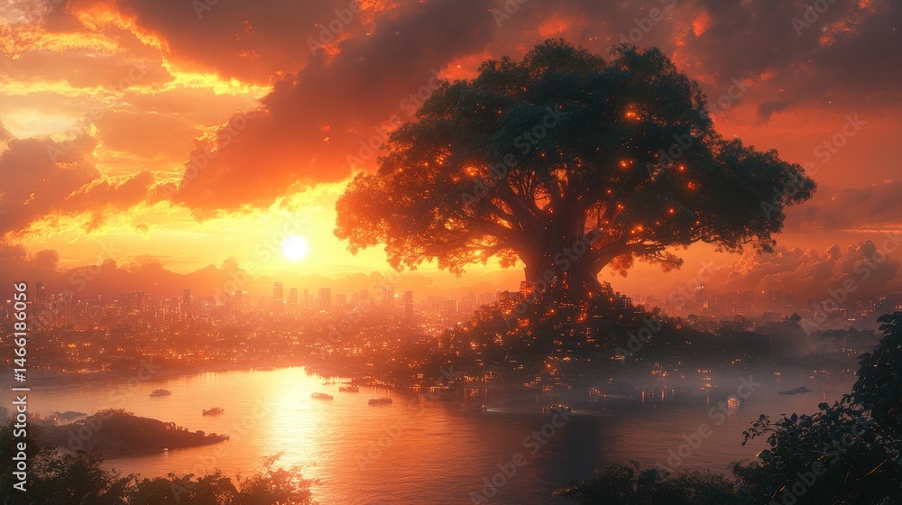 Naklejka premium Majestic tree overlooking a city at sunset, serene waters surrounding