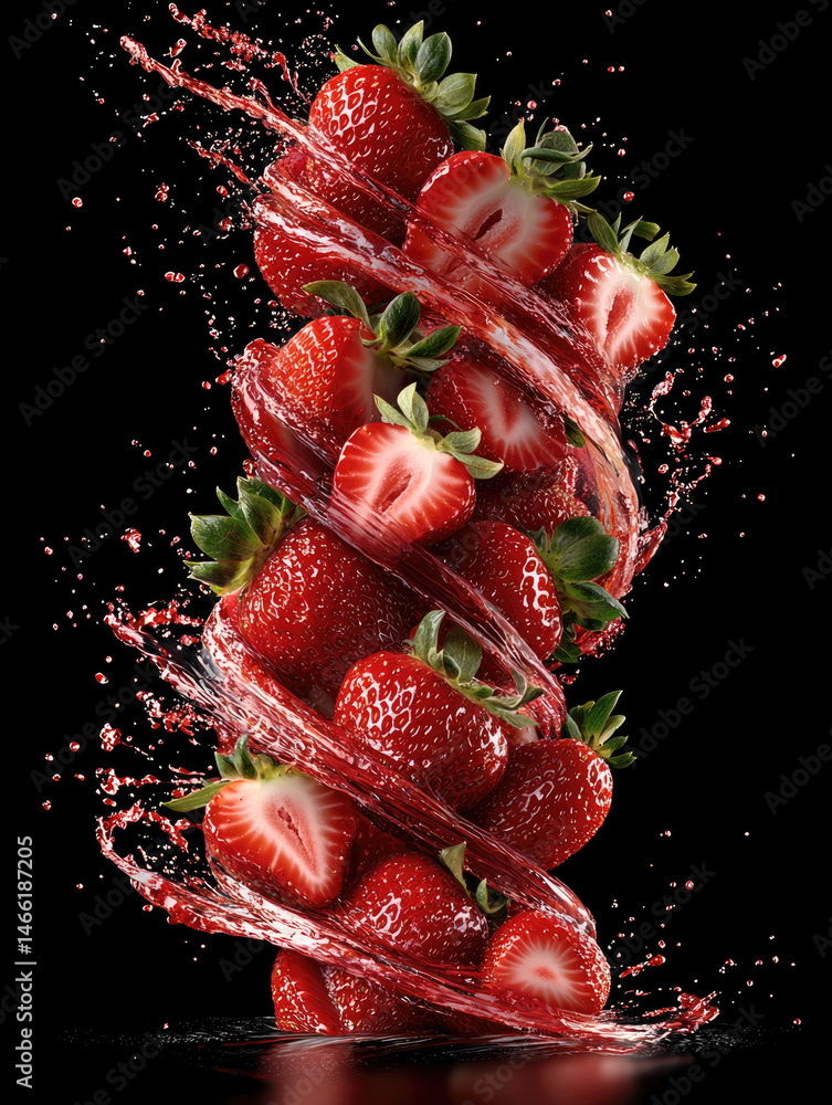Fresh ripe strawberries stacked in spiral with splashing water, vibrant red fruit, juicy texture, and dynamic motion on black background, evoking freshness and energy