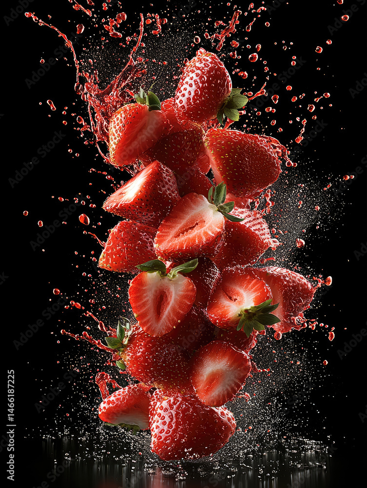 Fresh strawberries splash in water with vibrant red color, juicy texture, and dynamic motion on black background, creating refreshing and energetic visual effect