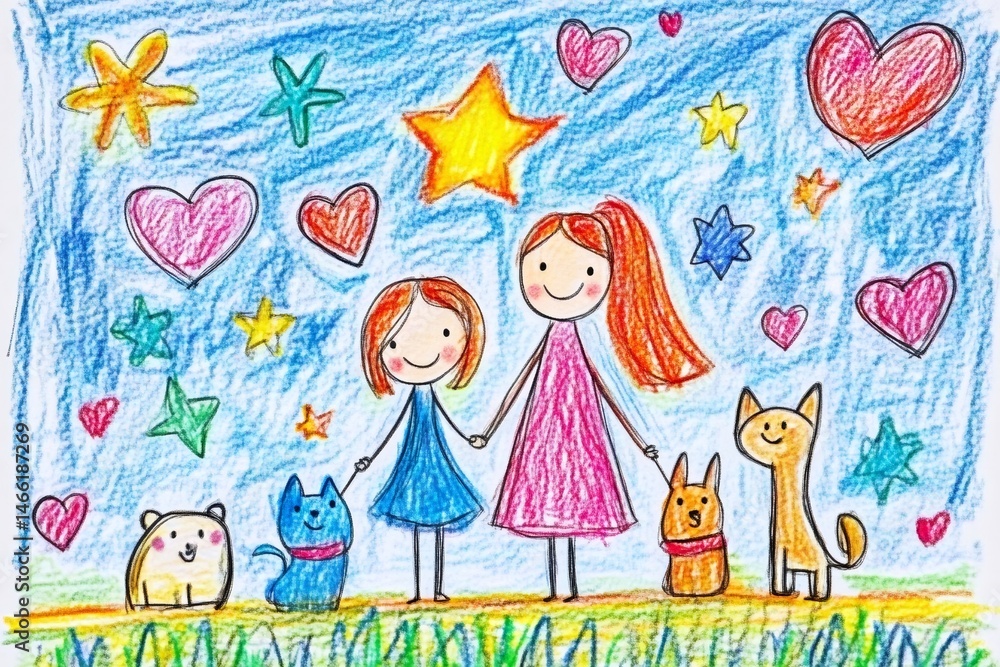 Fototapeta premium Mother and daughter holding hands with pets under a sky full of hearts and stars, crayon drawing