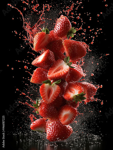 Obraz na płótnie Fresh strawberries splash in water with vibrant red color, juicy texture, and dynamic motion on black background, creating refreshing and energetic visual effect w salonie