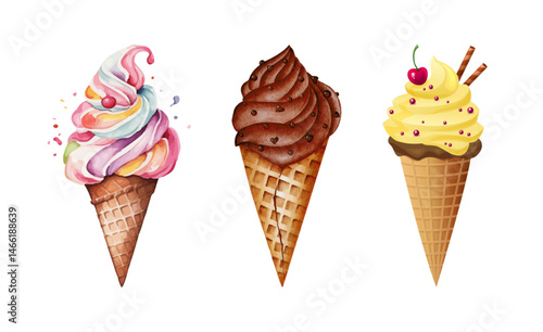 Set of ice cream cones with various flavors. Ice cream in chocolate, vanilla, and strawberry flavors. Cartoon vector illustration icons 