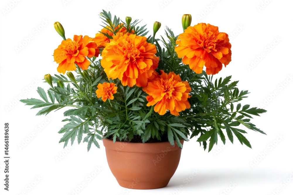 Fototapeta premium French marigold blooming in terracotta pot on white background