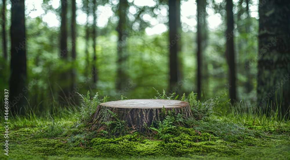 Tree stump in lush green forest, surrounded by moss, grass, and ferns, with soft natural light and tranquil, peaceful atmosphere in woodland setting