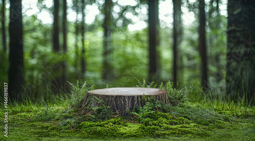 Obraz na płótnie Tree stump in lush green forest, surrounded by moss, grass, and ferns, with soft natural light and tranquil, peaceful atmosphere in woodland setting w salonie