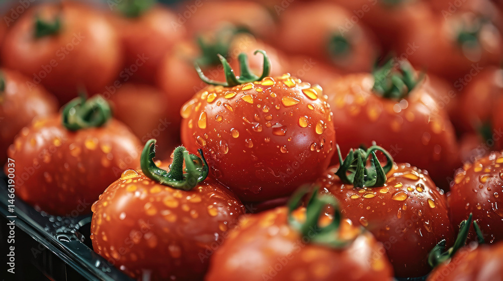 Fresh ripe tomatoes with water droplets, vibrant red color, organic produce, healthy food, and natural texture, perfect for market or kitchen inspiration