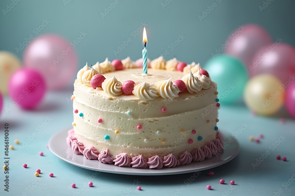 Birthday cake with lit candle and decorations against a soft pastel balloon background Birthday cake with lit candle and decorations against a soft pastel balloon background